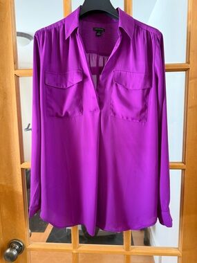 Ann Taylor Magenta Split-Neck Long-Sleeve Blouse